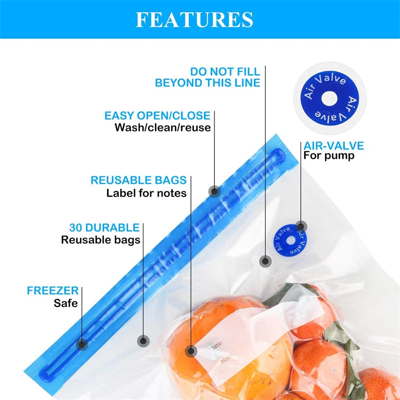 Keep Food Fresh Longer – 10 Reusable Vacuum Food Bags with Manual Pump